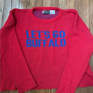 Red Sweater with Blue 'Let's Go Buffalo' Text—Hand made knitted!!!